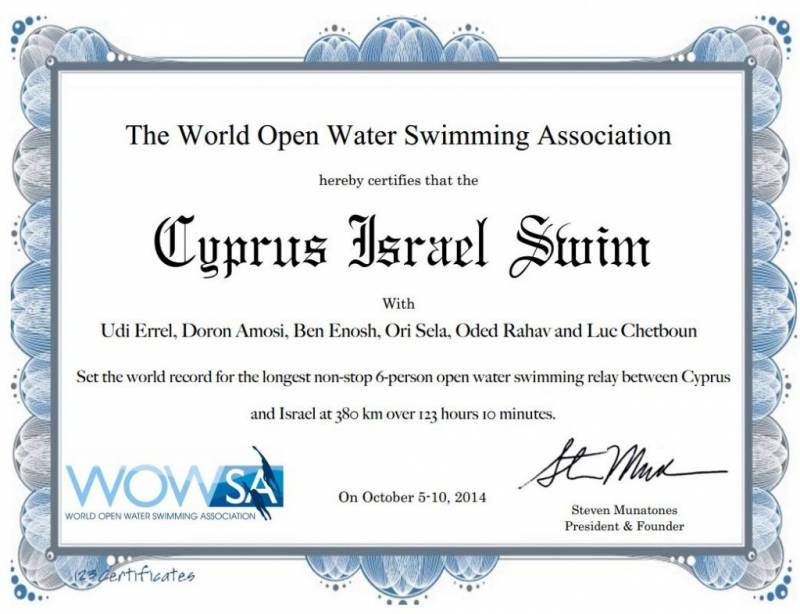 שחייה מקפריסין לישראל - תעודה רשמית